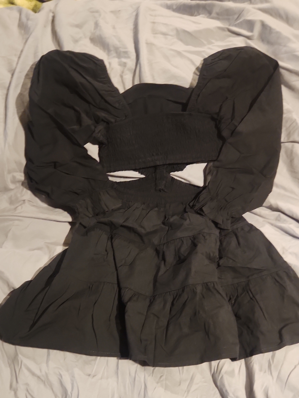 Black Puff-Sleeve Smocked Waist Dress